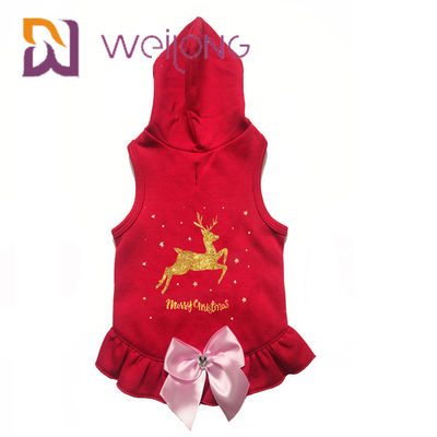 โบว์ซาตินพิมพ์ Golden Deer Dog Winter Coat Red Christmas Hoodie For Dogs cats