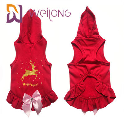 โบว์ซาตินพิมพ์ Golden Deer Dog Winter Coat Red Christmas Hoodie For Dogs cats